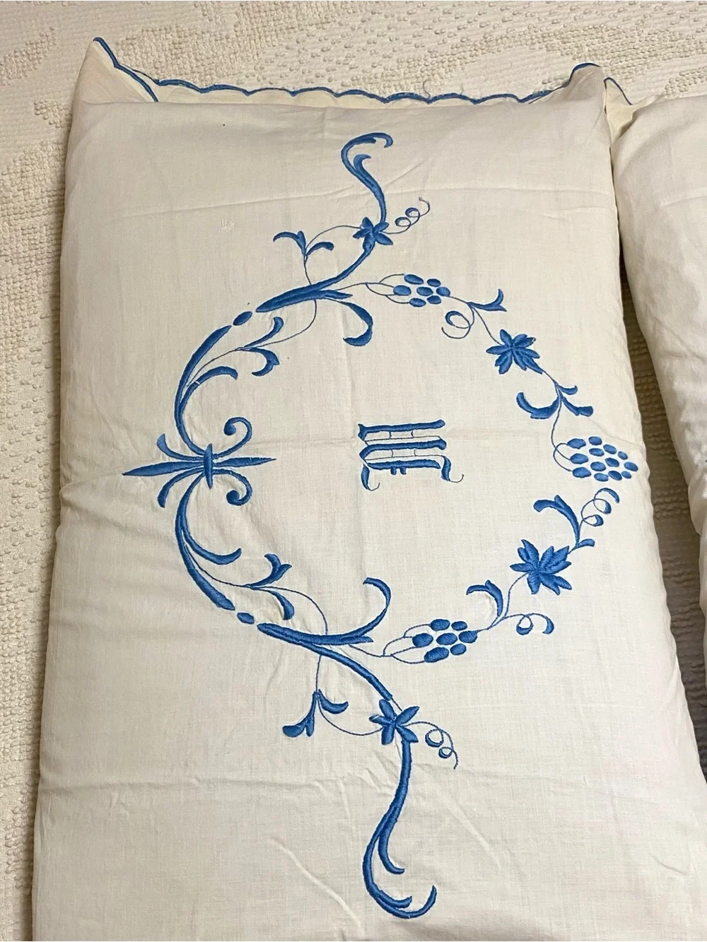 Vintage Cream Pillowcases with Blue Vine Monogram - Vintage
